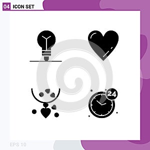 Pack of 4 Modern Solid Glyphs Signs and Symbols for Web Print Media such as bulb, mother, heart, necklets, hours