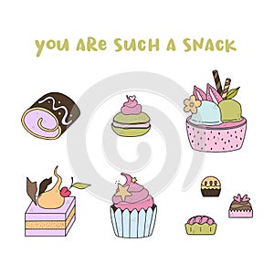 Pack of 6 cute hand drawn dessert illustrations. Pastry, sweets, ice-cream, chocolate, candy.