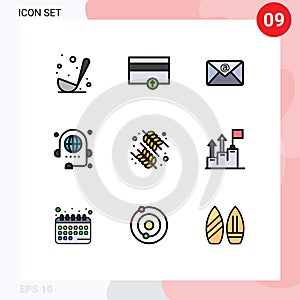 Pack of 9 creative Filledline Flat Colors of food, global, email, discussion, communication