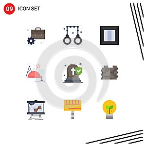 Pack of 9 creative Flat Colors of church, food, box, dish, money