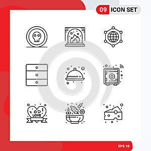 Pack of 9 creative Outlines of meal, food, global, wardrobe, home