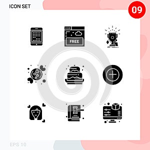Pack of 9 creative Solid Glyphs of romantic, candy, internet, winner, sport