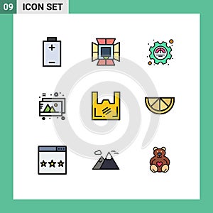Pack of 9 Modern Filledline Flat Colors Signs and Symbols for Web Print Media such as plastic, bag, efficiency, photos, design