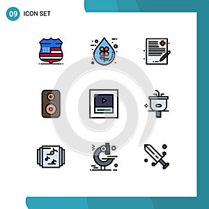 Pack of 9 Modern Filledline Flat Colors Signs and Symbols for Web Print Media such as player, laud, liquid, woofer, history