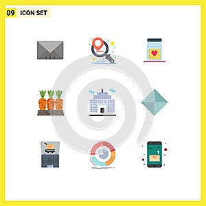 Pack of 9 Modern Flat Colors Signs and Symbols for Web Print Media such as corporation, building, heart, vegetable, farm