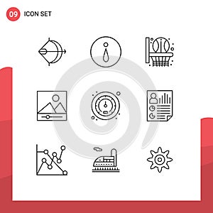 Pack of 9 Modern Outlines Signs and Symbols for Web Print Media such as data, speed, basketball net, meter, media