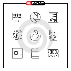 Pack of 9 Modern Outlines Signs and Symbols for Web Print Media such as deny, smart solution, house, innovation, bulb