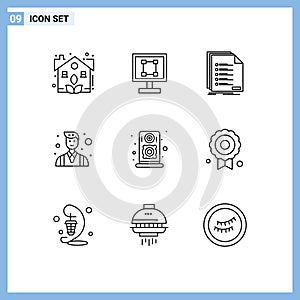 Pack of 9 Modern Outlines Signs and Symbols for Web Print Media such as people, businessman, application, boss, listing