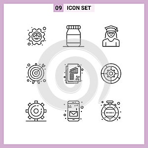 Pack of 9 Modern Outlines Signs and Symbols for Web Print Media such as rate, business, graduation, banking, target