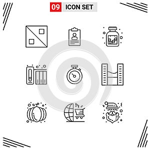 Pack of 9 Modern Outlines Signs and Symbols for Web Print Media such as watch, timmer, drugs, history, archive