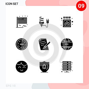 Pack of 9 Modern Solid Glyphs Signs and Symbols for Web Print Media such as shopping, sale, light bulb, commerce, match