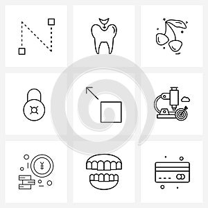 Pack of 9 Universal Line Icons for Web Applications retract, locked, infected, lock, fruit