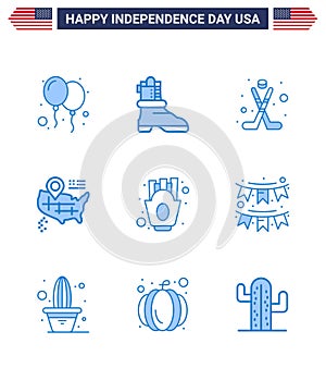 Pack of 9 USA Independence Day Celebration Blues Signs and 4th July Symbols such as food; french fries; hokey; chips; map