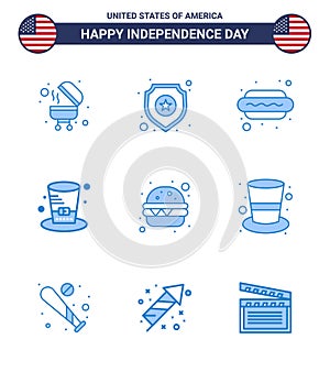 Pack of 9 USA Independence Day Celebration Blues Signs and 4th July Symbols such as meal; burger; dog; usa; hat
