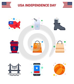 Pack of 9 USA Independence Day Celebration Flats Signs and 4th July Symbols such as packages; bag; shose; usa; drink