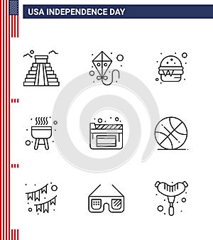 Pack of 9 USA Independence Day Celebration Lines Signs and 4th July Symbols such as backetball; movies; fast; cinema; bbq