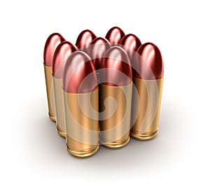 Pack of ammo catridges with bullets over white.