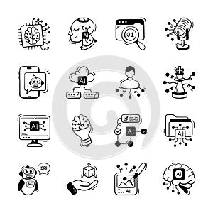 Pack of Artificial Intelligence doodle style icons