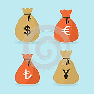 Pack of bags of money with different currencies