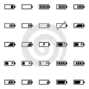 A pack of battery-related icons. Pure energy, electricity and charge thematic.