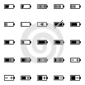 A pack of battery-related icons. Pure energy, electricity and charge thematic.