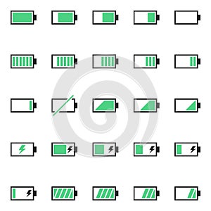 A pack of battery-related icons. Pure energy, electricity and charge thematic.