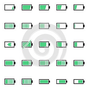 A pack of battery-related icons. Pure energy, electricity and charge thematic.