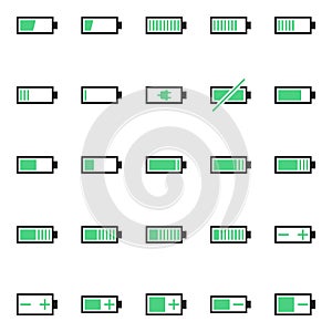 A pack of battery-related icons. Pure energy, electricity and charge thematic.