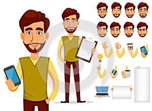 Pack of body parts and emotions. Vector character illustration in cartoon style. Business man with beard