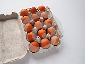 Pack of brown fresh raw chicken eggs in a white carton egg box on a white background close up