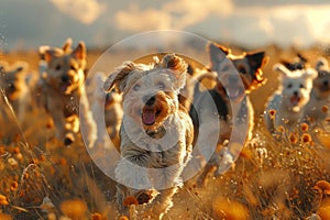 A pack of Canidae running in grassy field of flowers photo