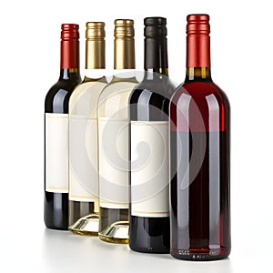 Pack of closed bottles of red and white wine isolated on white background