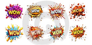 Pack Comic Explosion with the Text WOW in Bold Typography set Against a Transparent Background for Excitement Impact or photo