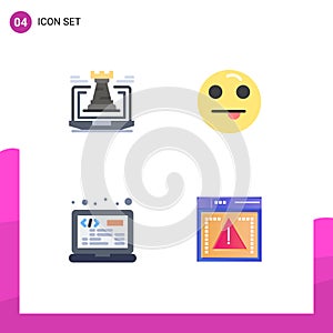 Pictogram Set of 4 Simple Flat Icons of castle, laptop, laptop, emot, html