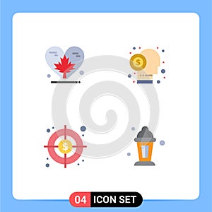 Pack of 4 creative Flat Icons of heart, shareholder, canada, capitalist, target
