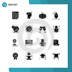 Pack of 16 creative Solid Glyphs of marketing, graph, power mode activate, analysis, fish