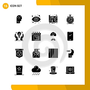 Pack of 16 creative Solid Glyphs of protected ideas, meditation, view, concentration, gear photo