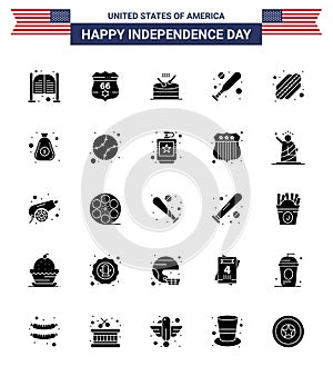 Pack of 25 creative USA Independence Day related Solid Glyph of hotdog; hardball; security; bat; parade photo