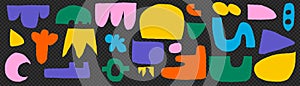 A pack of cut-out abstract shapes. Bright geometric forms in a naive style. On a transparent background as png. Vector