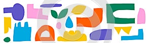 A pack of cut-out abstract shapes. Bright geometric forms in a naive style. On a transparent background as png. Vector