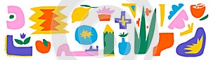 A pack of cut-out abstract shapes. Bright geometric forms in a naive style. On a transparent background as png. Vector