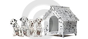 Pack of Dalmatian puppies sitting in a row next to a kennel photo