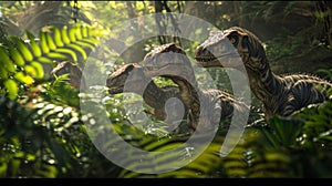 A pack of Deinonychus stealthily making their way through dense foliage keeping an eye out for predators