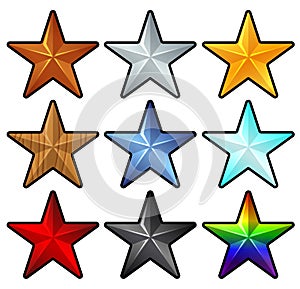 Pack of different stars. Various colors and material options. Isolated illustration on white background. Star icons for ranking