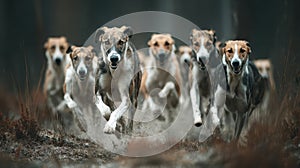 Pack of Dogs Running Through Forest in Dramatic Action Scene