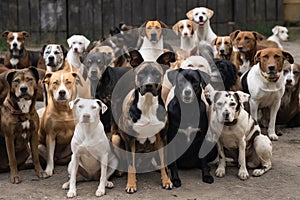 a pack of dogs sitting in a circle, with their heads turned and looking at the camera