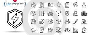 Pack of Energy inflation, Power certificate and Working process line icons. Pictogram icon. Vector