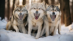 Pack of ferocious wolves close-up