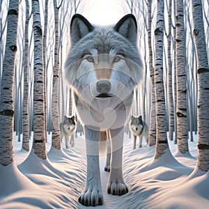 Pack Gray Wolves Wilderness Wintertime Birch Trees Snowy Pathway Forest Canada AI Generated