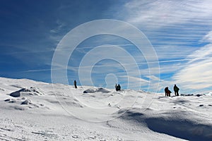 A pack of hikers walking down from Matagalls peak summit on a winter sunny day, Montseny mountains, Barcelona